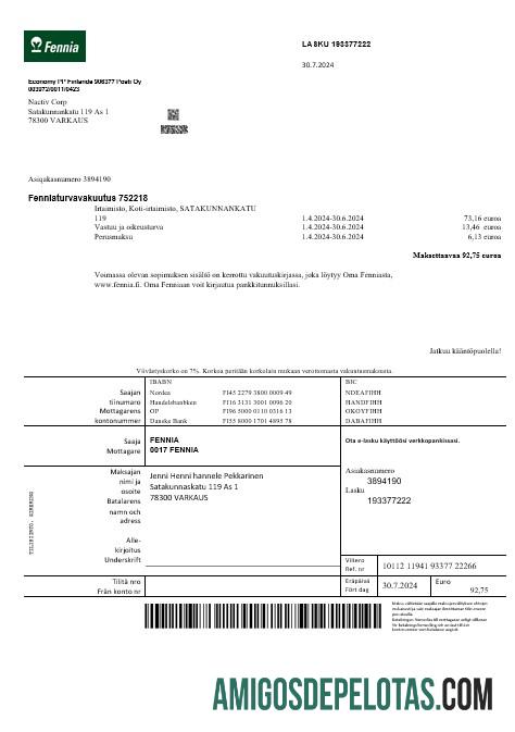 imprimível Modelo de fatura comercial da companhia de seguros Fennia da Finlândia em formatos Word e PDF1